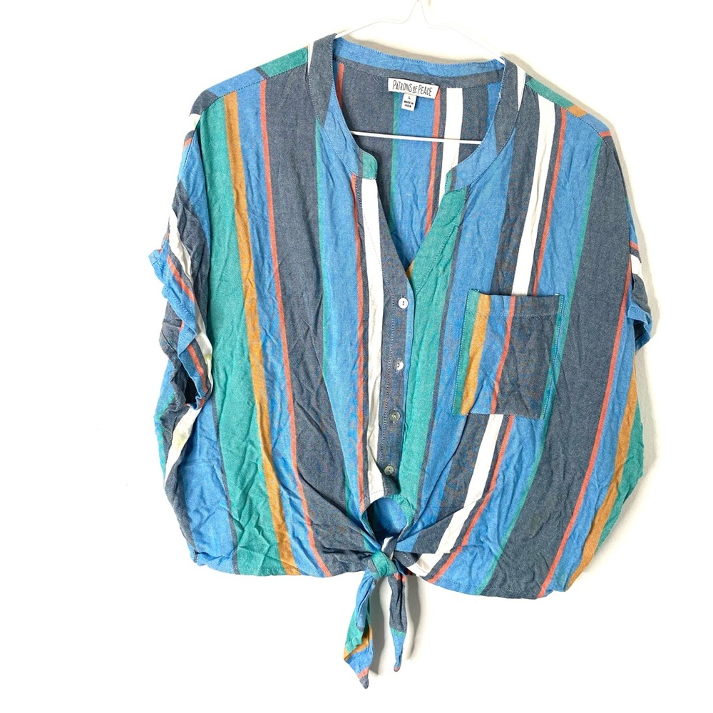 Patrons of Peace Green Blue Stripe Oversized Button Shirt